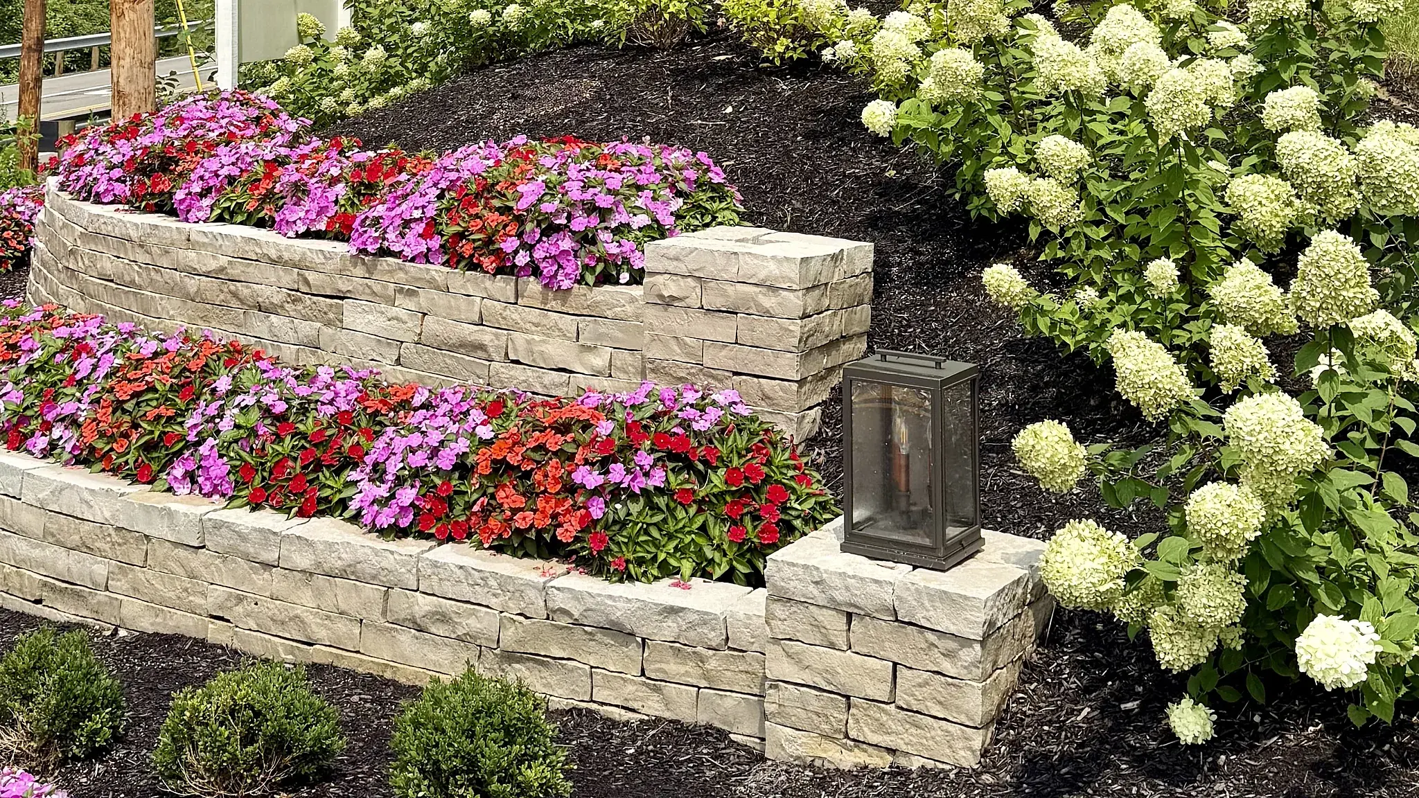 Two-tier natural stone wall with red, pink and purple impatiens and blooming white hydrangeas beside a lantern pier at a commercial property entrance