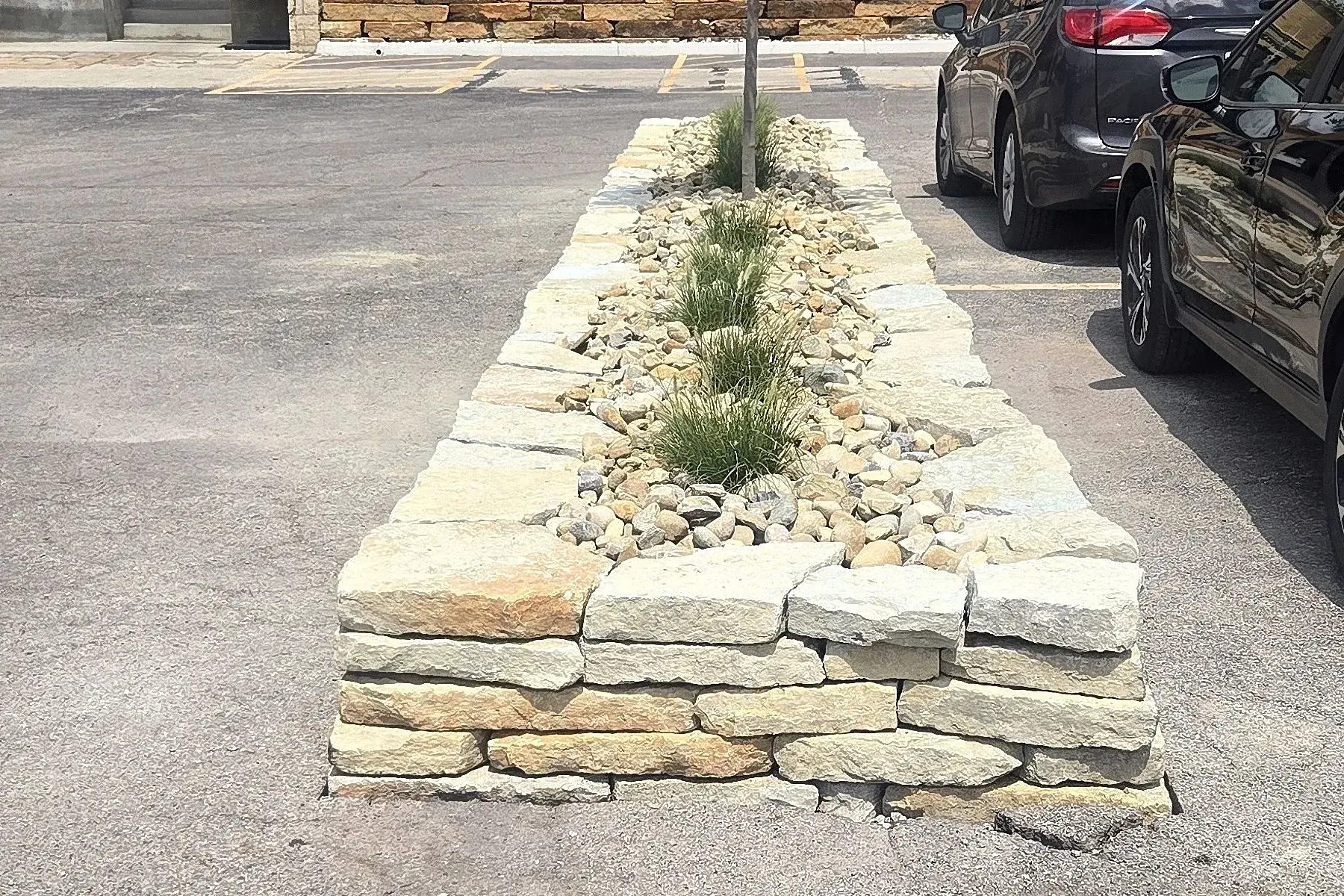 Newly built stone-edged landscape island with river rock and ornamental grasses in a commercial parking lot