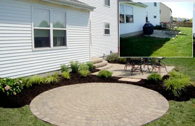 Circular paver patio with steps and mulched perennial beds, with before photo inset