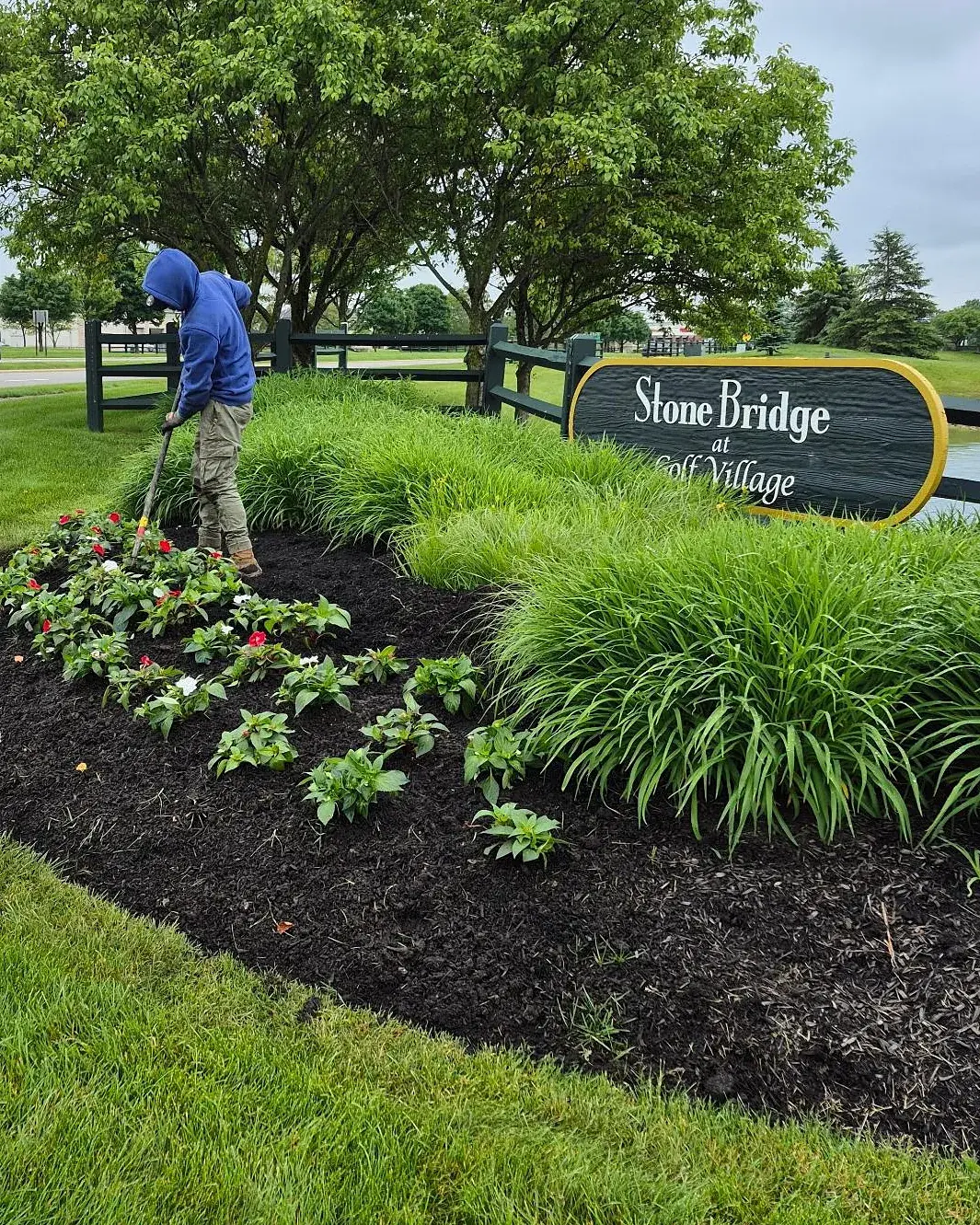 Crew member planting annuals in a freshly mulched bed beside an HOA community entrance sign, with ornamental grasses and mature trees behind